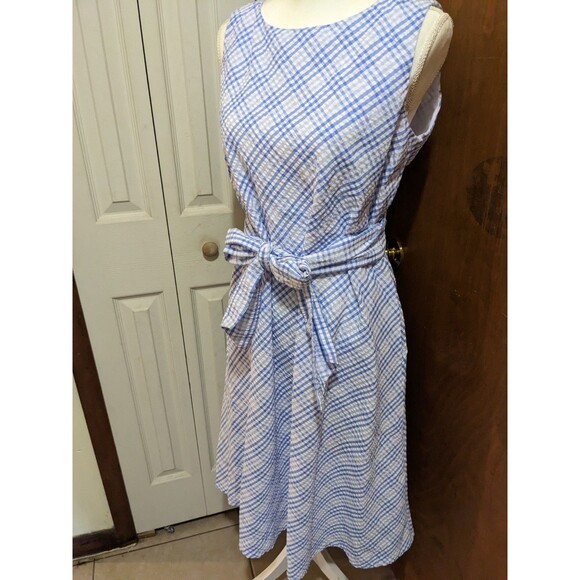 Anne Klein Blue Front Tie Bow Gingham Modest Sleeveless Pockets Dress Size 10 - Picture 2 of 11